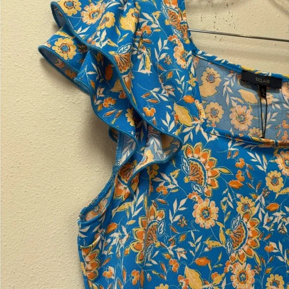 Blue Floral Ruffle Sleeve Blouse XL Boho Cottagecore Top - Picture 5 of 5